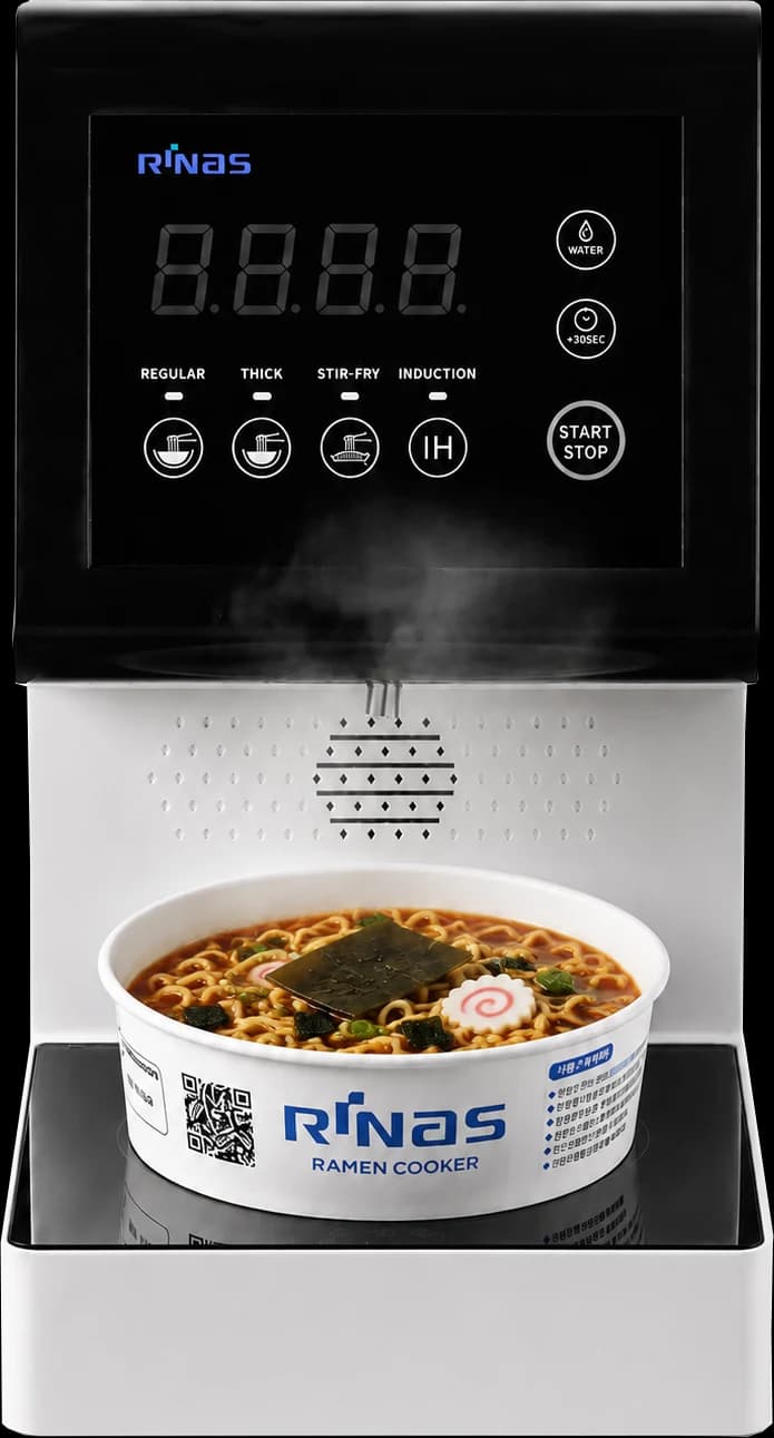 Front view of the Rinas cooker with a prepared bowl of ramen