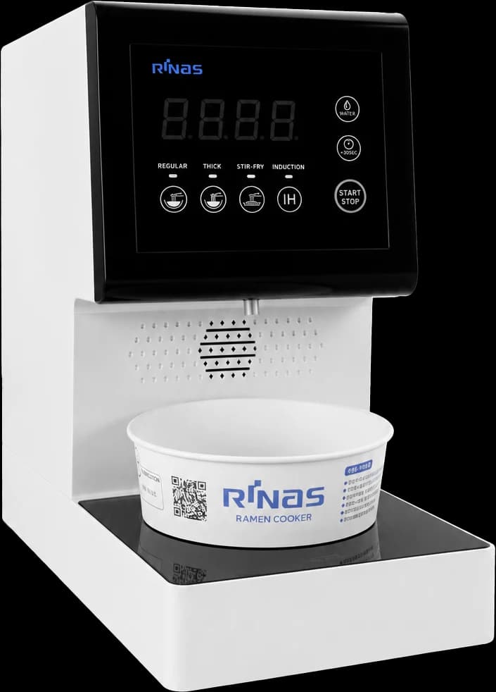 Rinas countertop ramen cooker with a black control panel, silver body, and cooking bowl